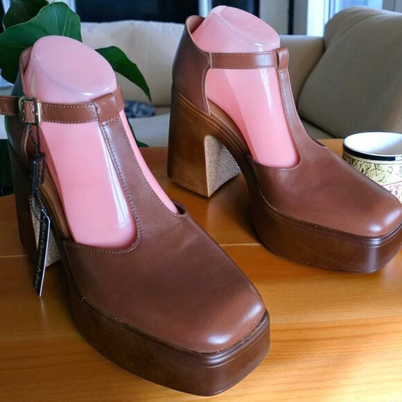 NEW CHRISTIAN DI RICCIO ( 9.5 ) Italian Brown Leather Square Toe Mary Jane's - Picture 2 of 11